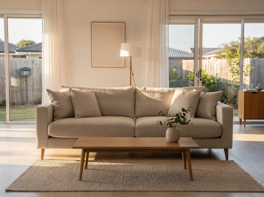 Deep-cleaned linen sofa restored plump and even-toned after professional cleaning in Rockingham.