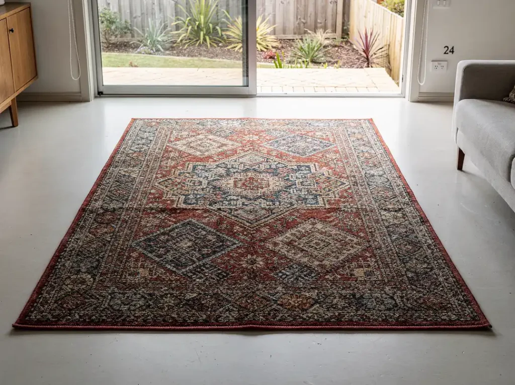 Hand-knotted wool rug with revived rich colours after cleaning in Rockingham.