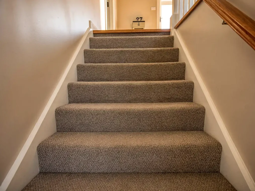 Freshly cleaned carpeted staircase restored to a spotless uniform pile in Rockingham.