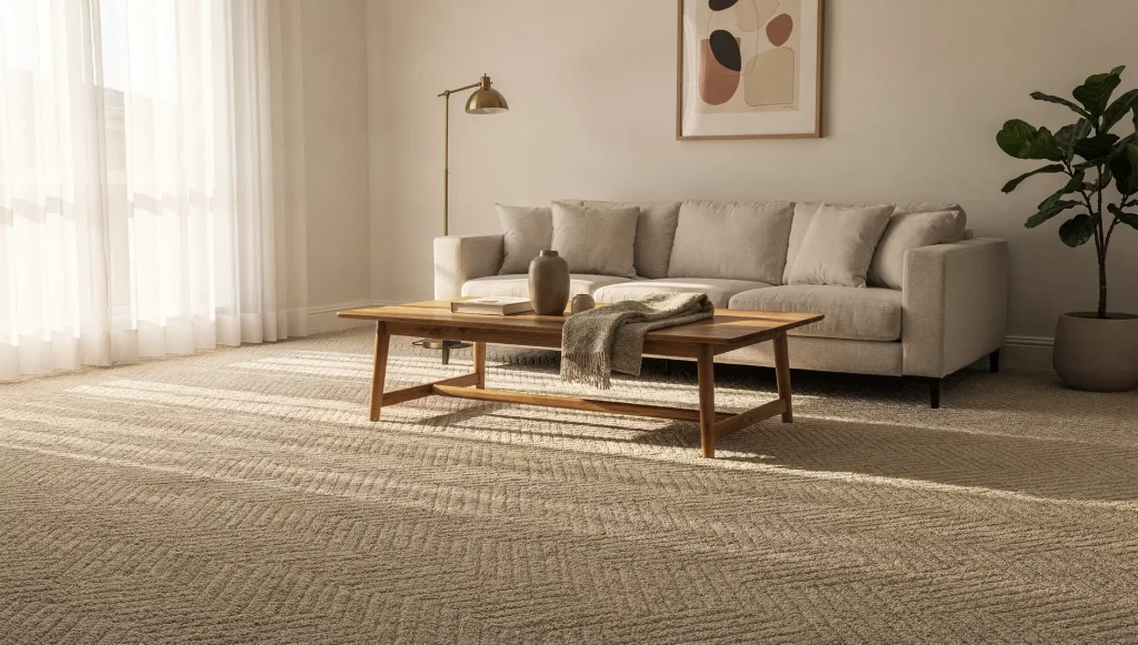 Freshly deep-cleaned oatmeal wool carpet with crisp groom lines in a Rockingham living room.