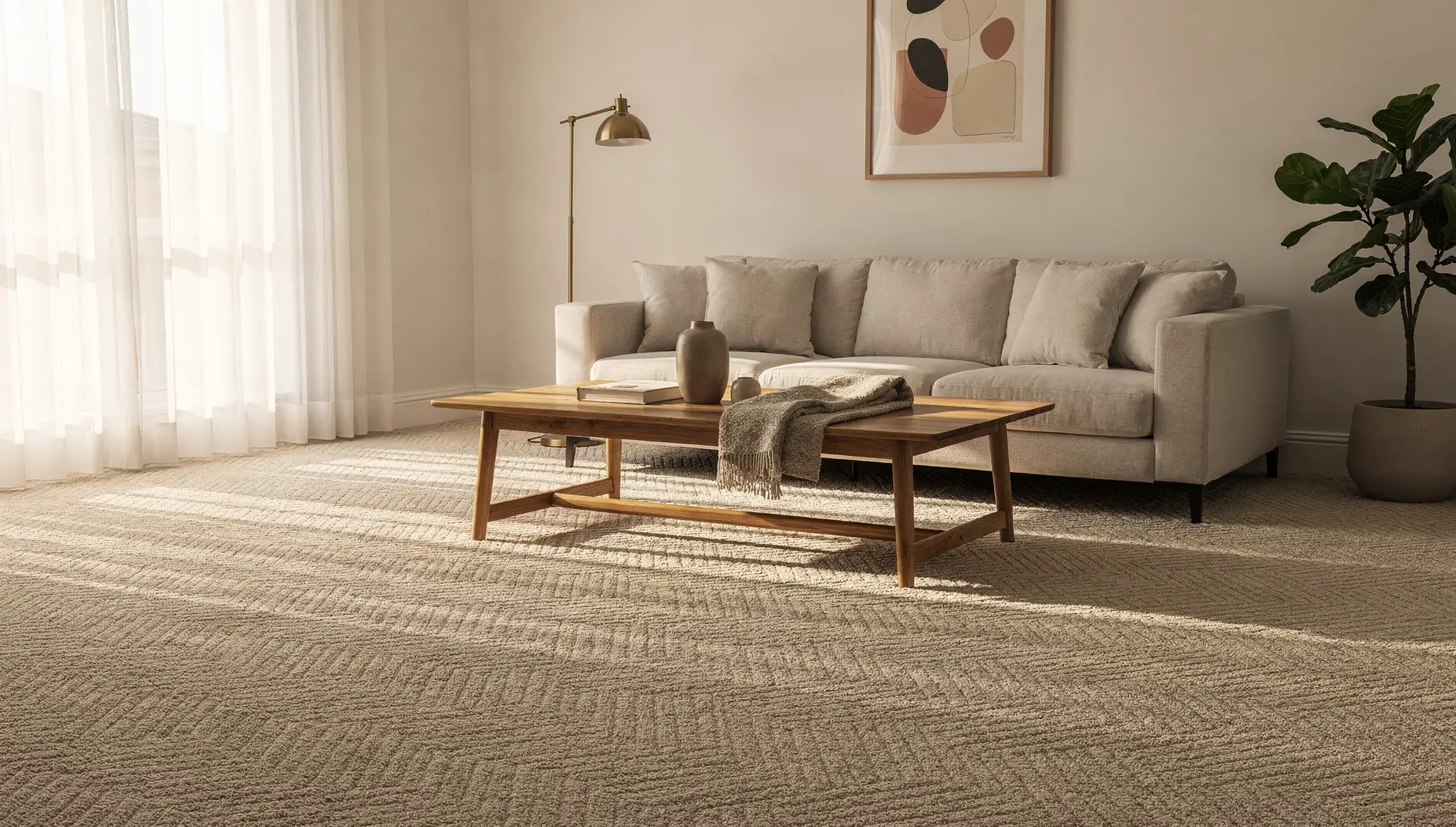 Freshly deep-cleaned oatmeal wool carpet with crisp groom lines in a Rockingham living room.