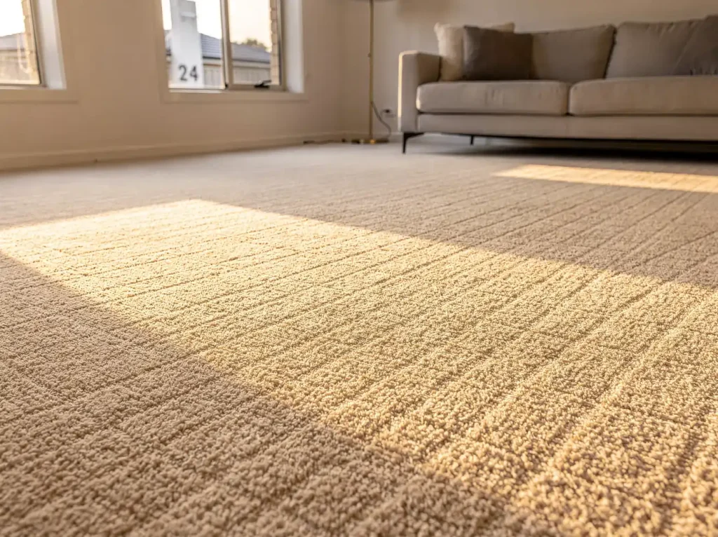 Freshly cleaned plush beige carpet with vacuum lines in a sunlit Rockingham living room.