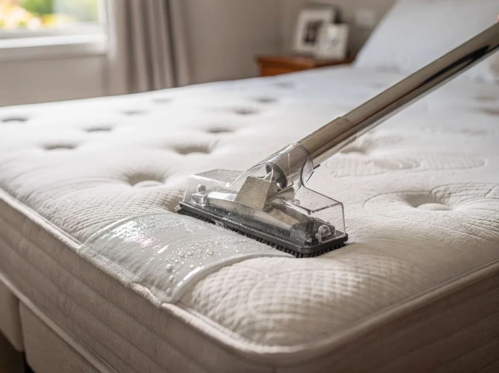 Upholstery extraction wand cleaning a white mattress in Rockingham, leaving a fresh track.