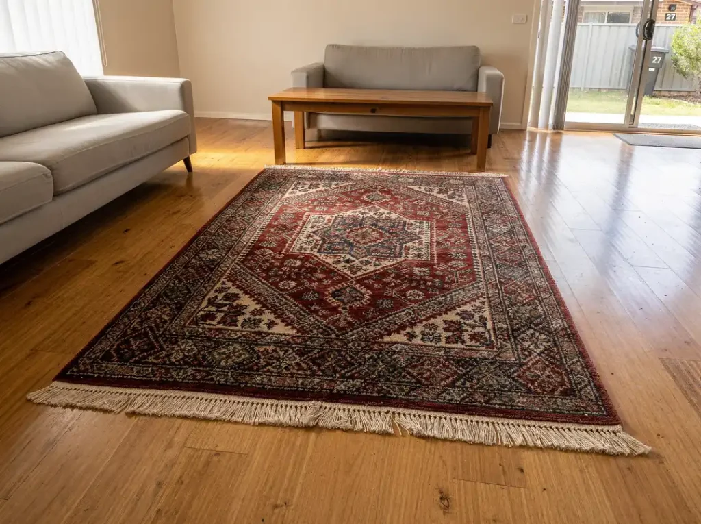 Freshly cleaned ornate oriental rug with jewel-tone medallion pattern on hardwood floor in Rockingham.