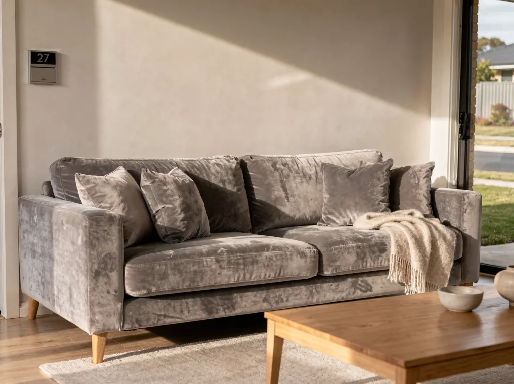 Freshly cleaned dove grey velvet sofa in a sunlit Rockingham living room.