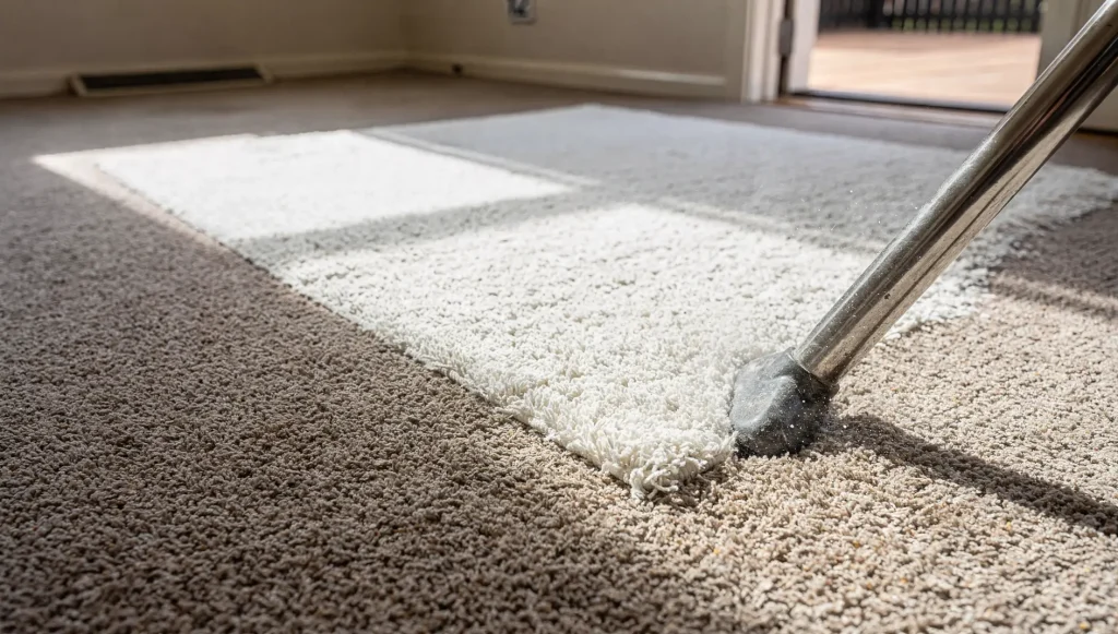 Stainless-steel wand pulling a clean stripe through soiled Rockingham commercial carpet.