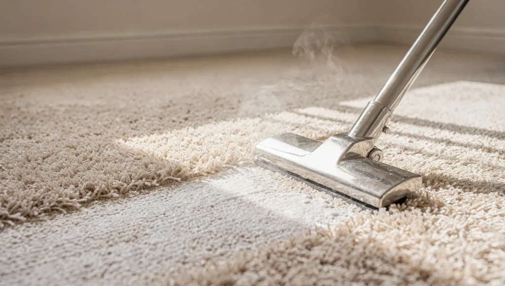 Carpet cleaning wand extracting a bright clean track across plush beige carpet in Rockingham.