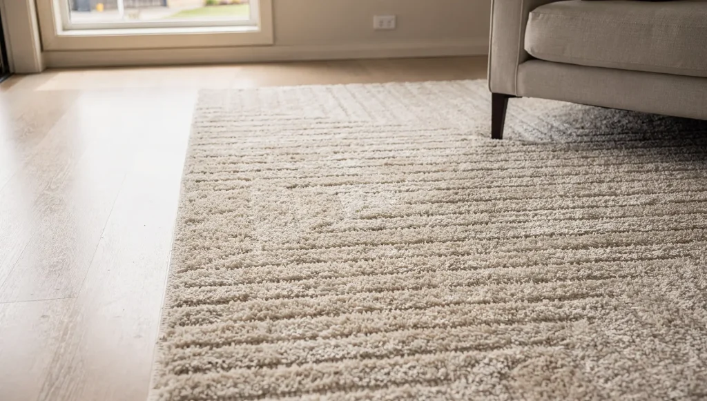 Freshly cleaned cream area rug with vacuum grooming lines in a Rockingham home.