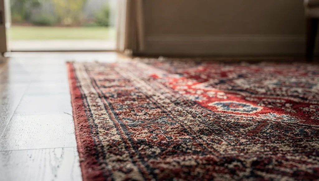Soft brush working sudsy foam into an ornate jewel-tone oriental rug during carpet cleaning in Rockingham.