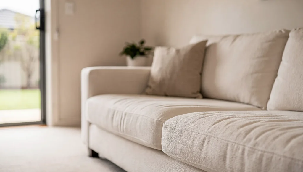 Freshly deep-cleaned cream plush sofa with grooming lines in a Rockingham living room.
