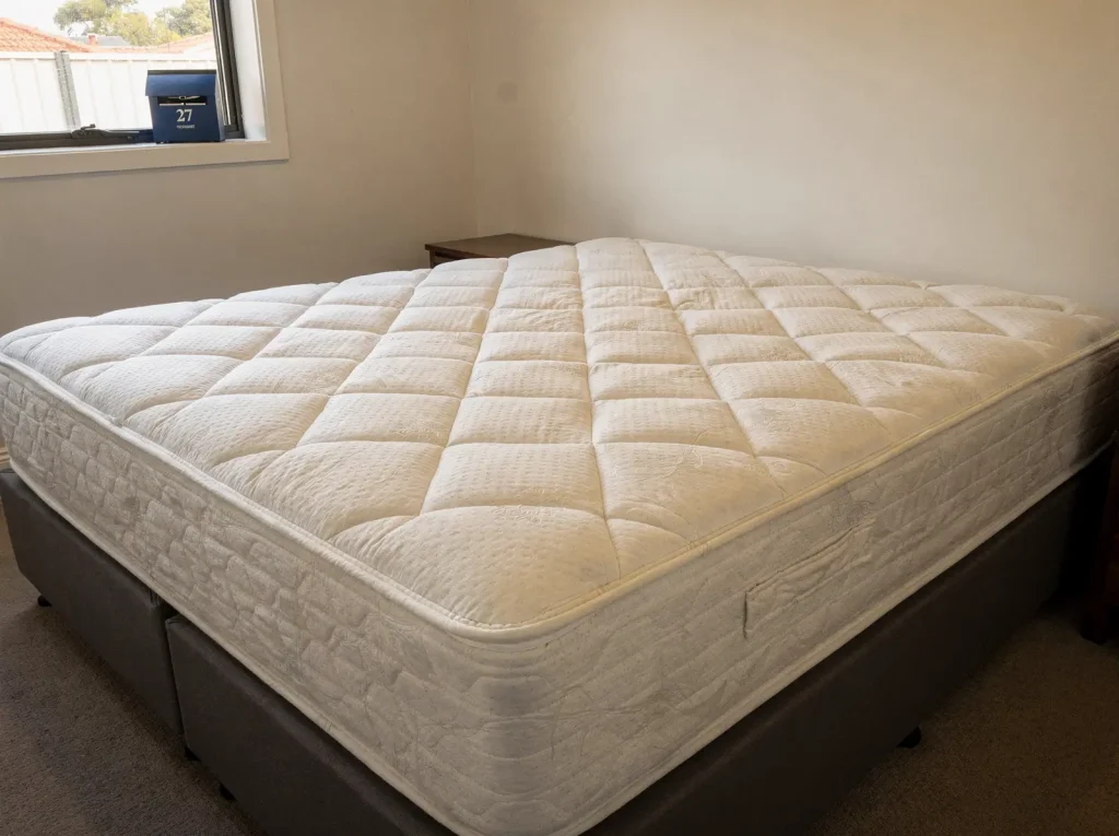 Freshly deep-cleaned pillow-top mattress with bedding folded back in a sunlit Rockingham bedroom.