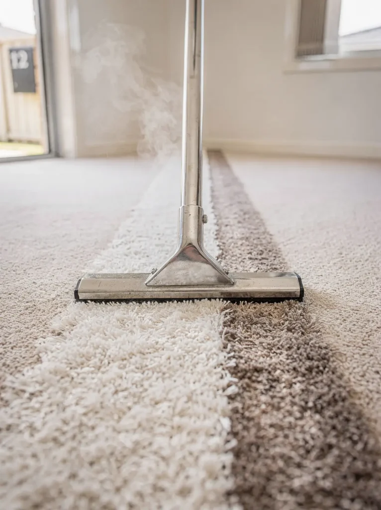 Carpet cleaning wand steam-extracting a bright clean track across plush beige carpet in Rockingham.