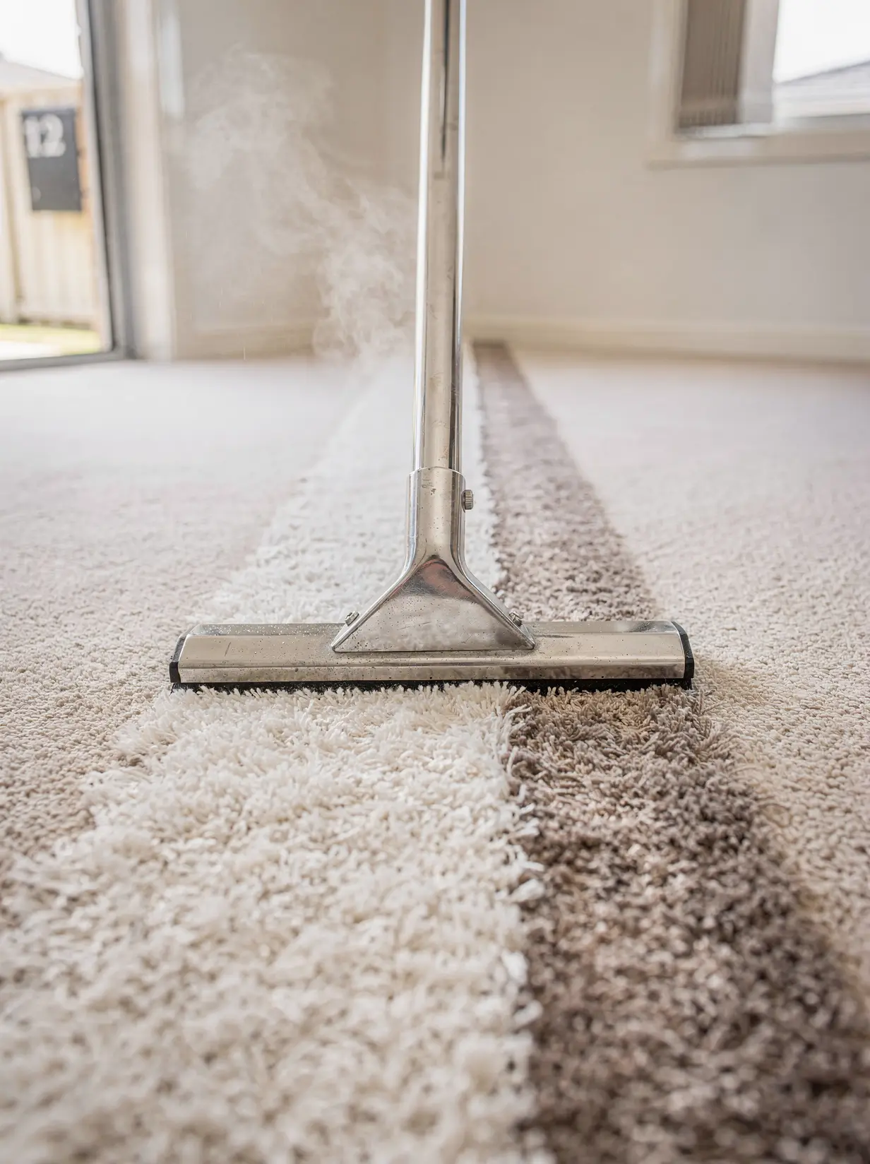 Carpet cleaning wand steam-extracting a bright clean track across plush beige carpet in Rockingham.