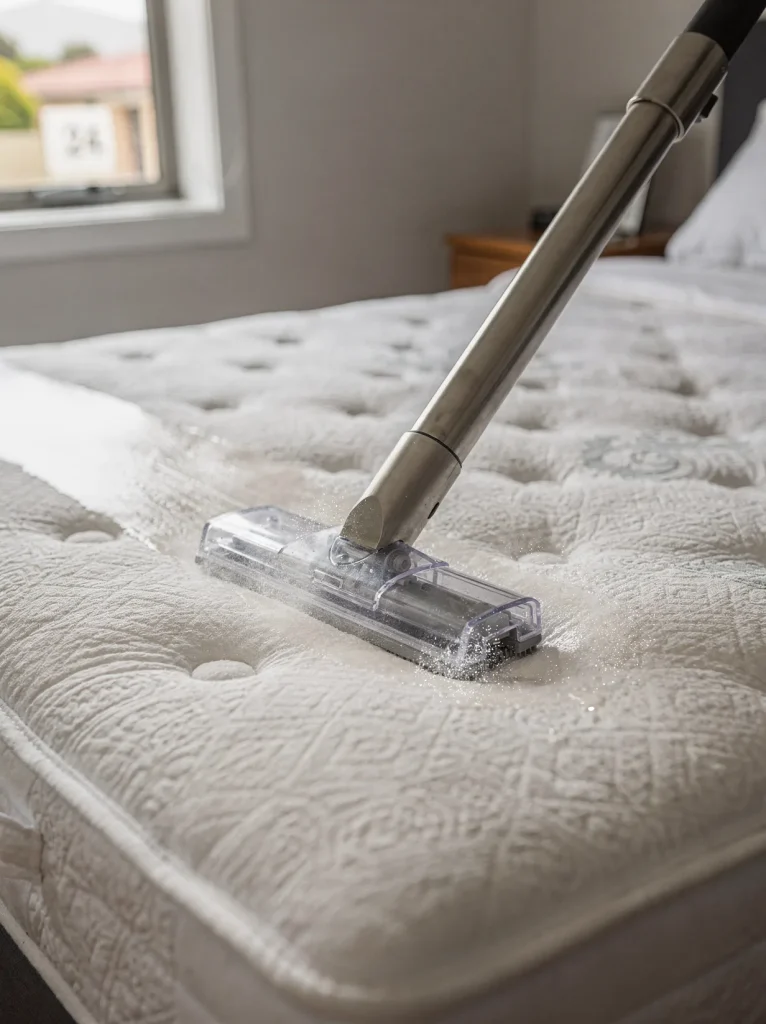 Upholstery extraction wand cleaning a white mattress in Rockingham, leaving a fresh track.