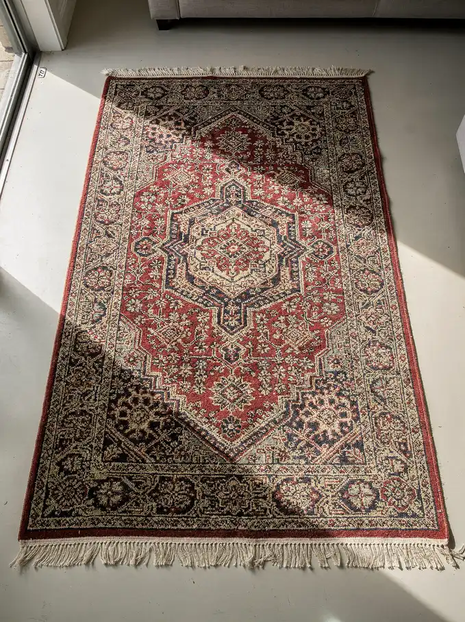 Freshly cleaned ornate oriental rug with jewel-tone colors and combed fringe in Rockingham.