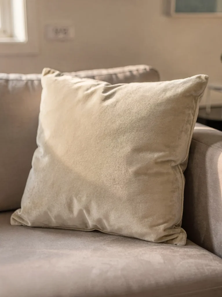 Freshly cleaned cream velvet sofa cushion with restored plush pile in warm window light.